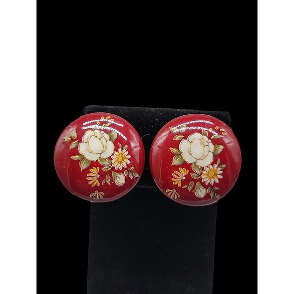 Cherry Red Enamel Clip On Earrings Hand Painted Vintage Floral Design - Picture 5 of 10